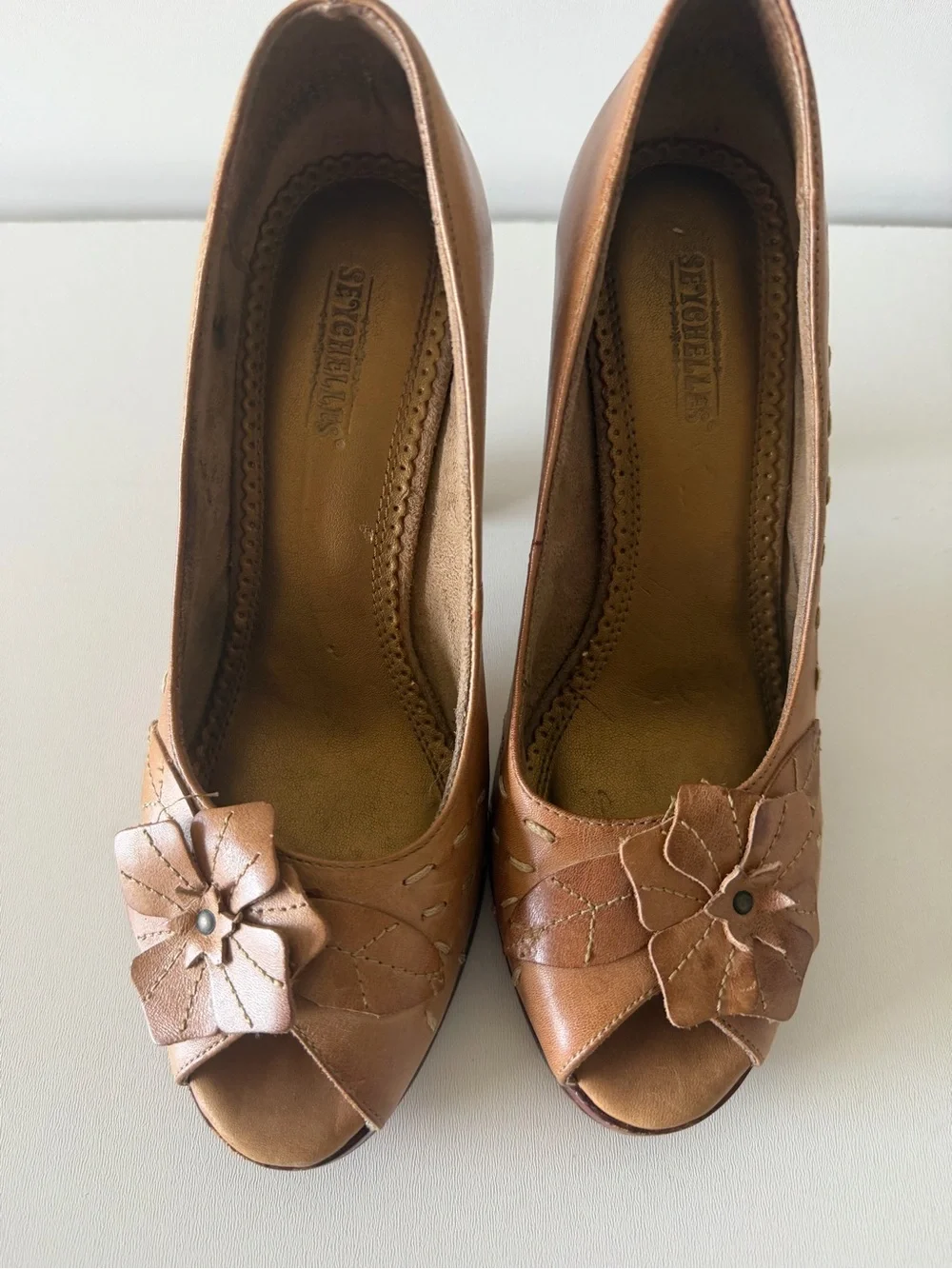 Seychelles Tan Leather Peep-Toe Heels with Floral Cutwork